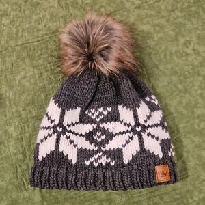 Beanie Hat With Gray & White Snowflake Knit Design Brown Pom-Pom Panache Brand